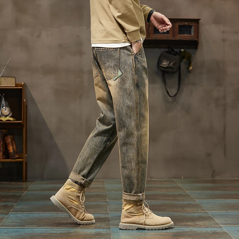 Autumn and Winter Men's Loose 95% Cotton Jeans Retro Yellow Mud Street Hip-hop Baggy Harem Pants Outdoor Boys Workwear Pants