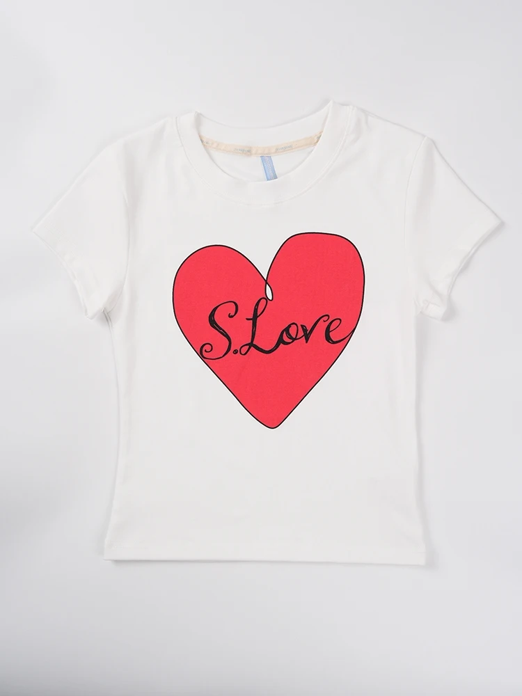 

Summer New Style Short Sleeve T-Shirt Letter And Heart Print Slimming Versatile Cotton round Neck Commuter Style Short Length