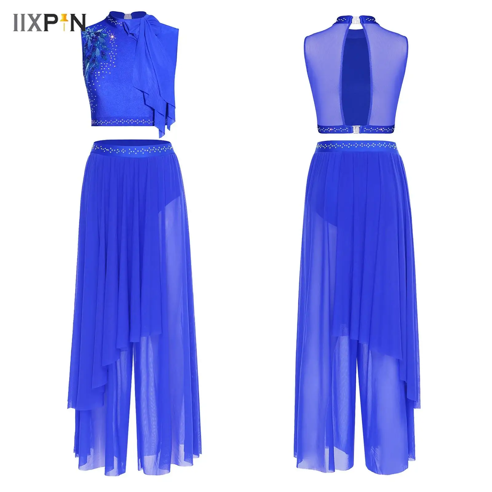 

Womens Contemporary Lyrical Dance Outfit Sequin Embroidery Bow Sleeveless Crop Top+Built-in Briefs Wide Leg Mesh Pants Dancewear