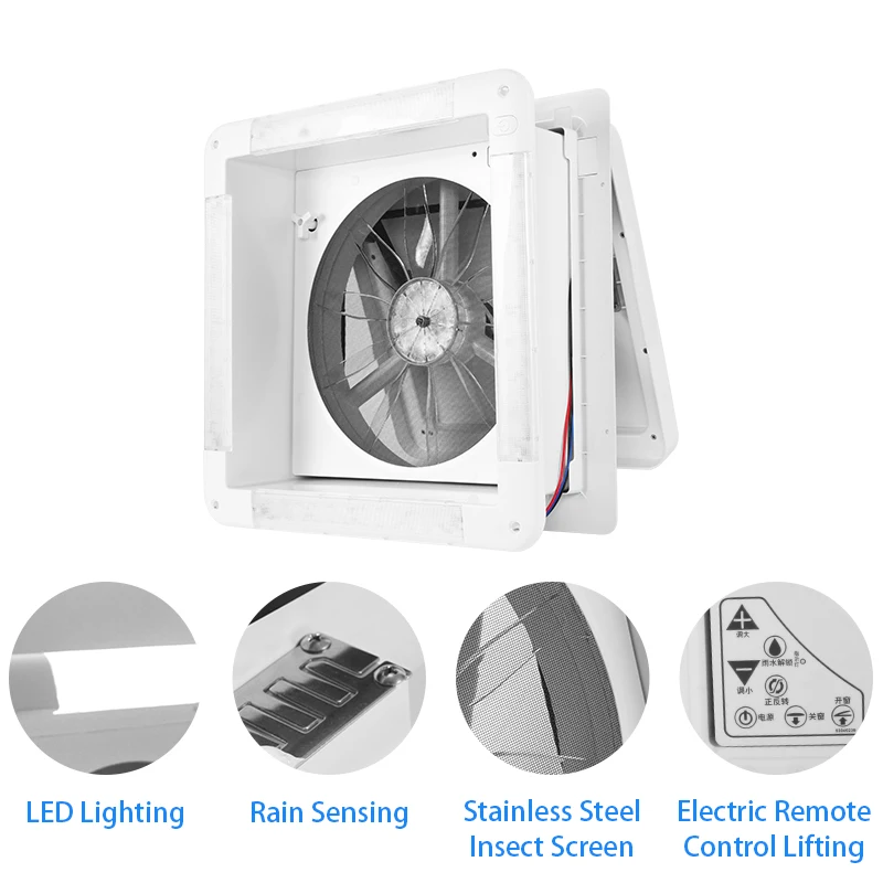 12V 16 Inch 400mm RV Roof Vent Electric Ceiling Exhaust Fan 6 Speeds Adjustable with LED Light & Rain Sensing RV Vent Fan Window view 3