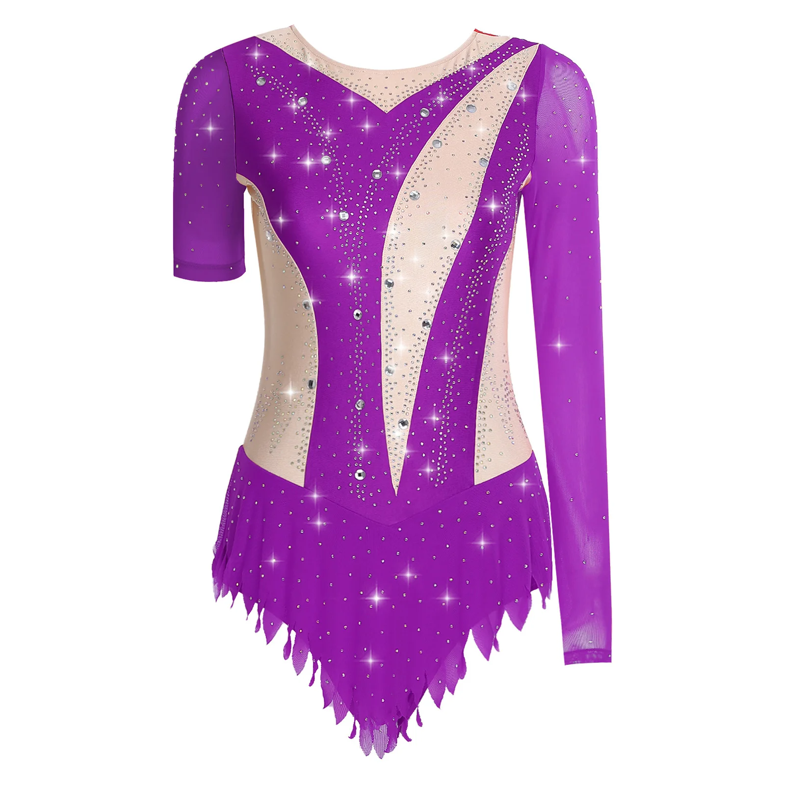 Robe de danse Patchwork pour femmes, bloc de couleurs, maille transparente, strass scintillants, robe asymétrique de patinage artistique
