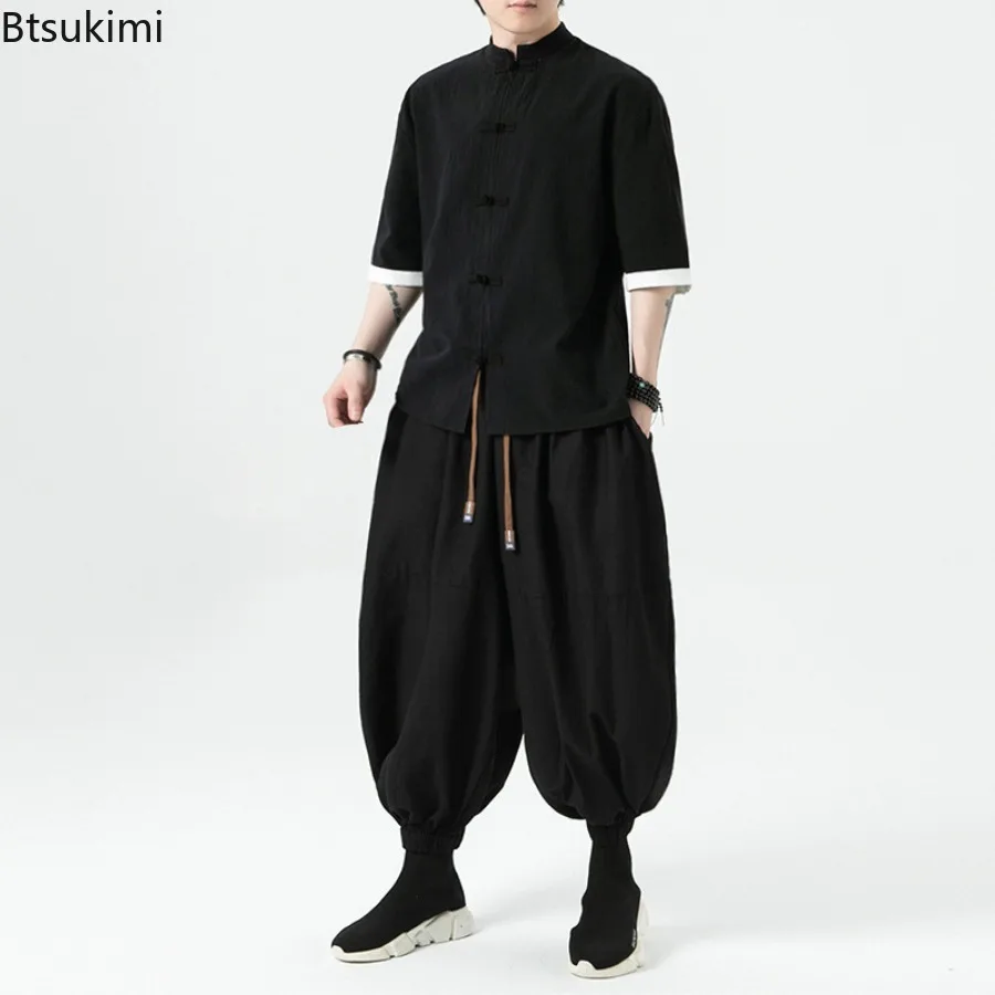 Men's Chinese Style Black Elastic Waist Harem Trousers Spring and Summer Casual Loose Cotton Linen Lantern Pants Male Clothing