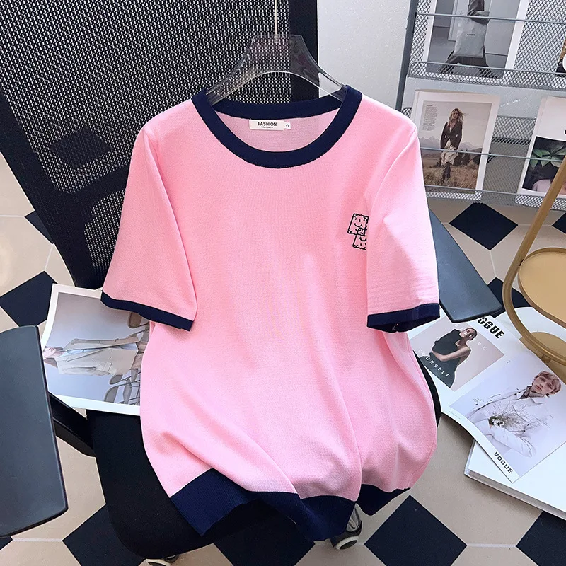 6XL 7XL 100/150/175kg Large size Women Summer Ice Silk Knitted Tops show Slim casual loose  Short Sleeve T-shirt