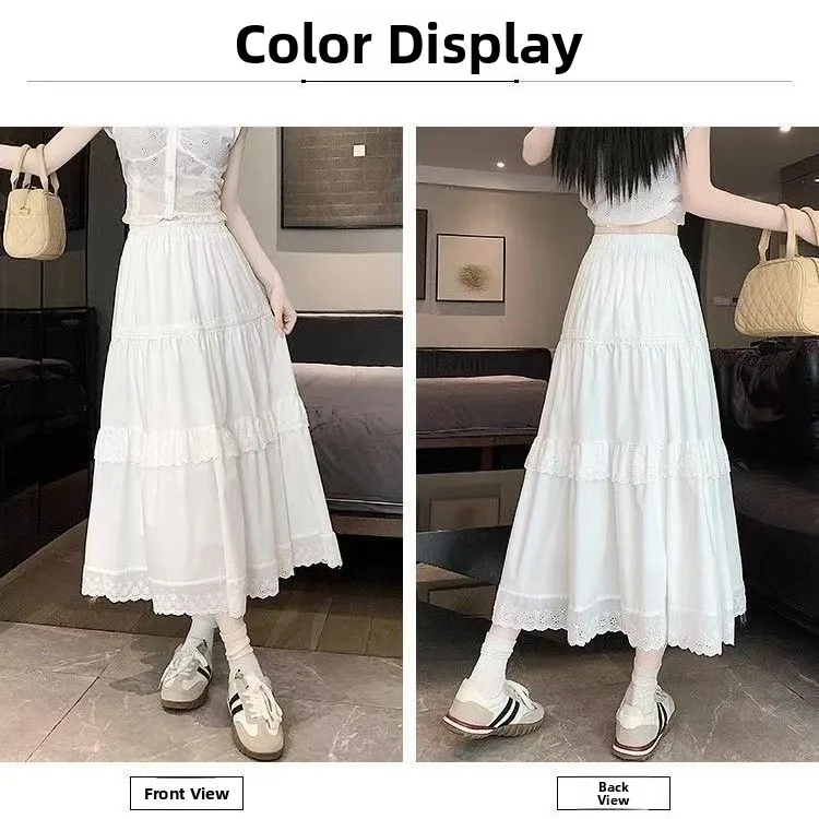 

Белая кружевная юбка А-силуэта Ele для женщин, весна-лето, универсальная, стройнящая, многоярусная, с высокой талией, из полиэфирного волокна, для повседневной носки