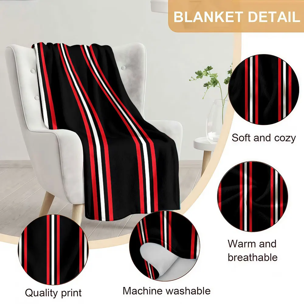 black red white stripes Soft Warm Flannel Blanket Lightweight Cozy Christmas Halloween Home Decor Room