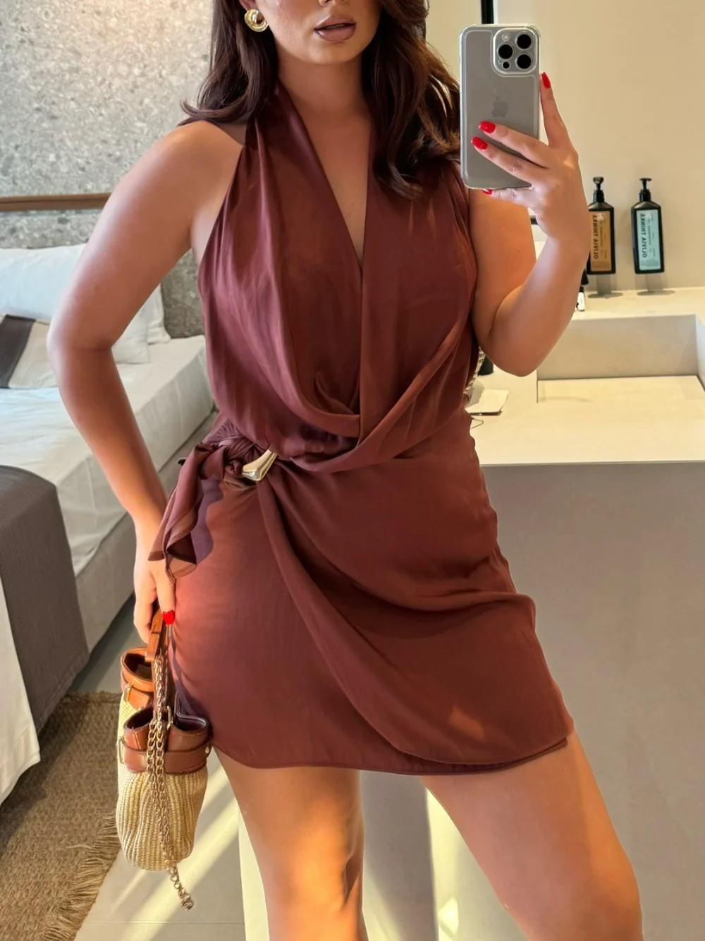 Women's Summer Gold Inlaid Halter Neck Deep V Collar Backless Dress Female Elegant Sexy Sleeveless Party Slim Mini Dress