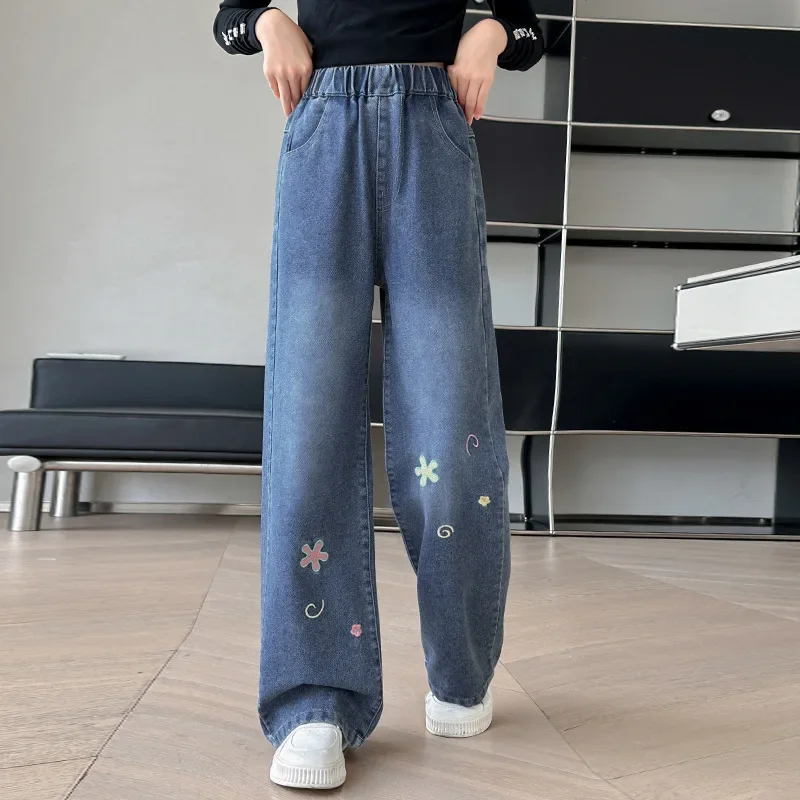 Big Girl Fashion Jeans Pants Stretch Elegant Cute Denim Pants Sweet Flower Lovely Spring Childen Kids Trousers 5-14Y