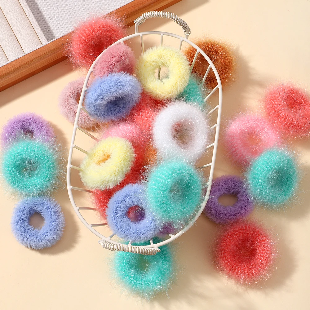 5pcs/Bag Mini Colorful Plush  Girls Hair Ring Fat Intestine Ring Baby Cute Hairy Head Rope Furry Rubber Band Hair Accessories