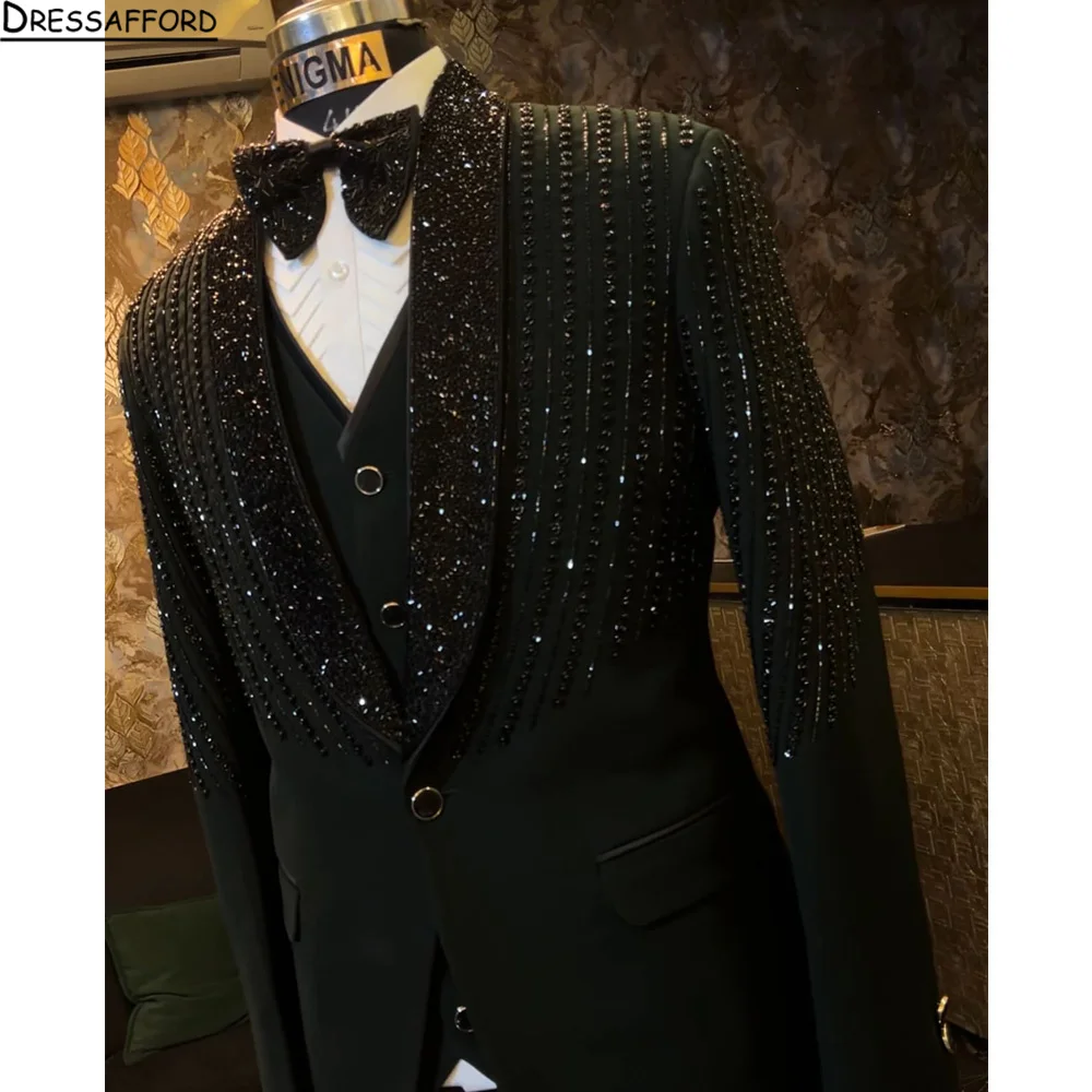 Luxury Formal Black Wedding Men Suit Set Slim Fit Groomsmen Groom Tuxedo  Designs Shiny Shawl Lapel Blazer Pants 2Pcs