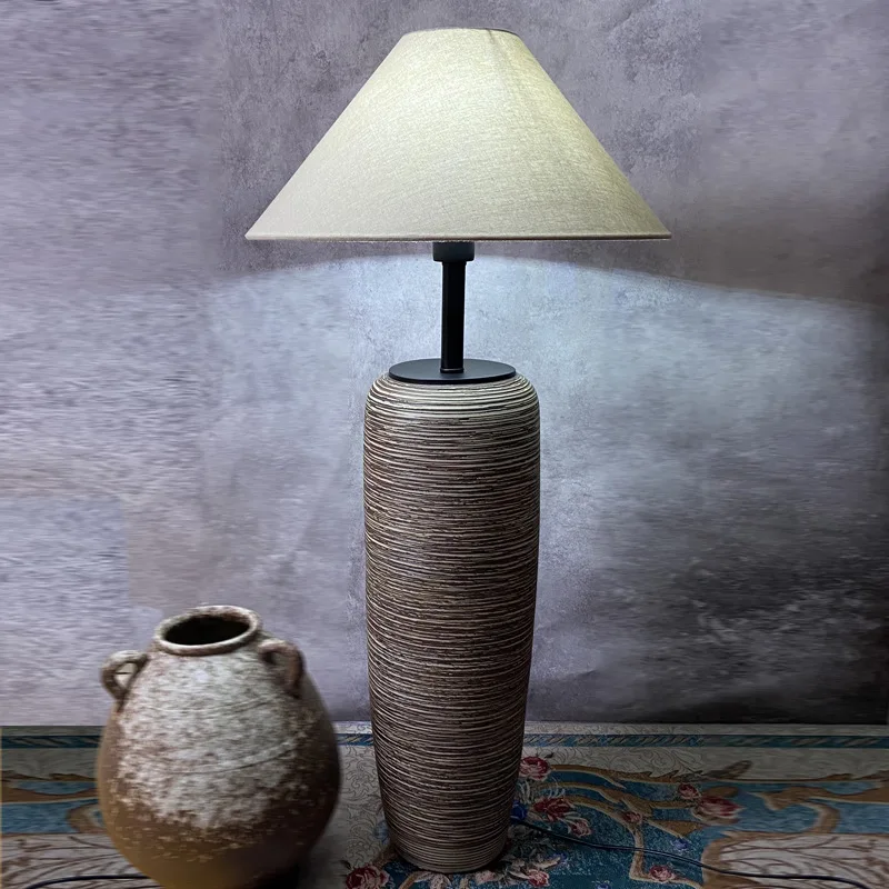 Japanese Retro Ceramics Floor Lamp Design Amphora Linen Restaurant Homestay Room Decor Floor Lamp Warm Atmosphere LED Lights
