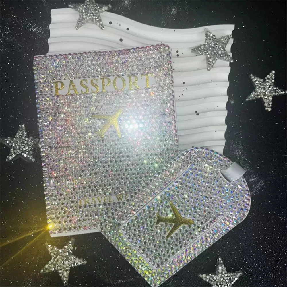 Luxury Bling Package Suitcases Passport Cover Case ,Luggage Tag Card Rhinestone Travelling Props