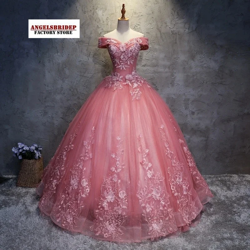 Luxury Exquisite Appliques Ball Gown Quinceanera Dresses Sweet 16 Party Formal Off-Shoulder Pink Floor-length Masquerade Celebri