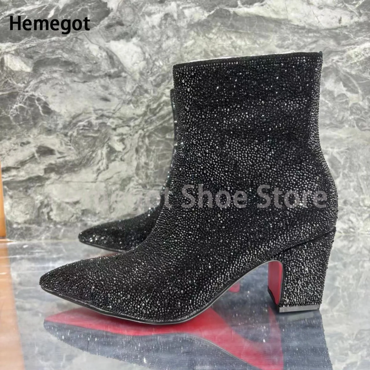 Men's Rivet Rhinestone High-Heeled Boots Winter Black Booties Retro Style High-Top Ankle Boots Zipper Casual Boots Shoes