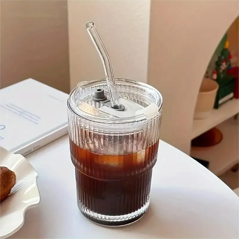 1/2PCS 450ml Stripe Glass Cup Transparent Glasses With Lid and Straw Ice Coffee Mug Tea Cup Juice Glass Milk Water Cup Drinkware