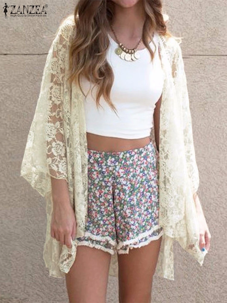 Cardigan aperto sul davanti per le vacanze alla moda 2025 ZANZEA Camicie estive in pizzo all'uncinetto Camicetta da donna Casual Manica 3/4 Copricostume da spiaggia Top