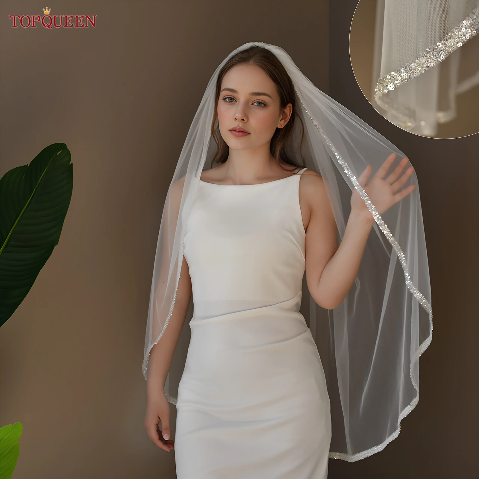 TOPQUEEN V282 Sparkling Sequin Beaded Bride Veil With Shimmering Sequin Edges 1 Layer Super Soft Short Bride Veil Customizable