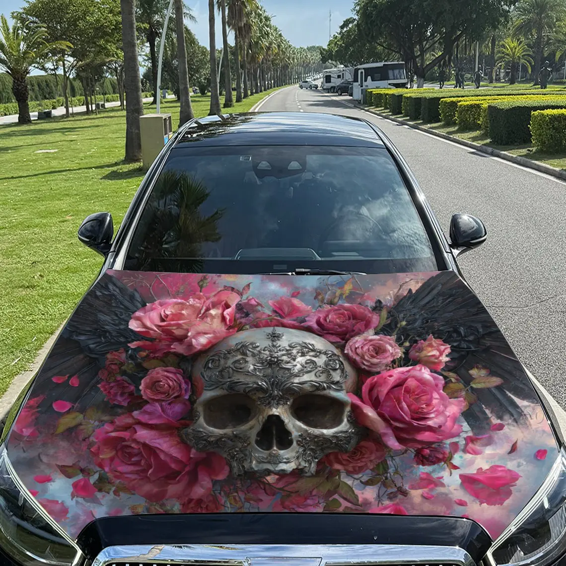 Rose - Cluster Wing - Decorated Skull Print car hood stickers, waterproof self-adhesive, scratch resistant, easy to stick, durab