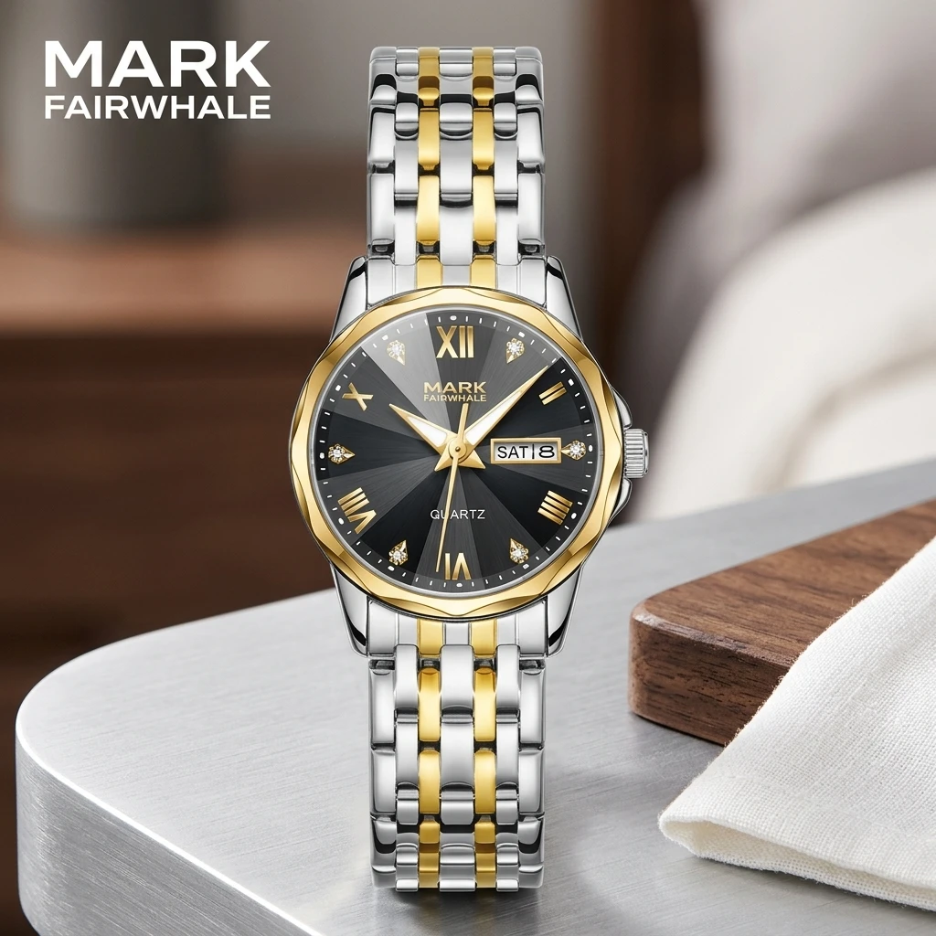 MARK FAIRWHALE Ladies Quartz Watch Round Dial Day Date Display Stainless Steel Bracelet Elegant Female Business Wristwatch