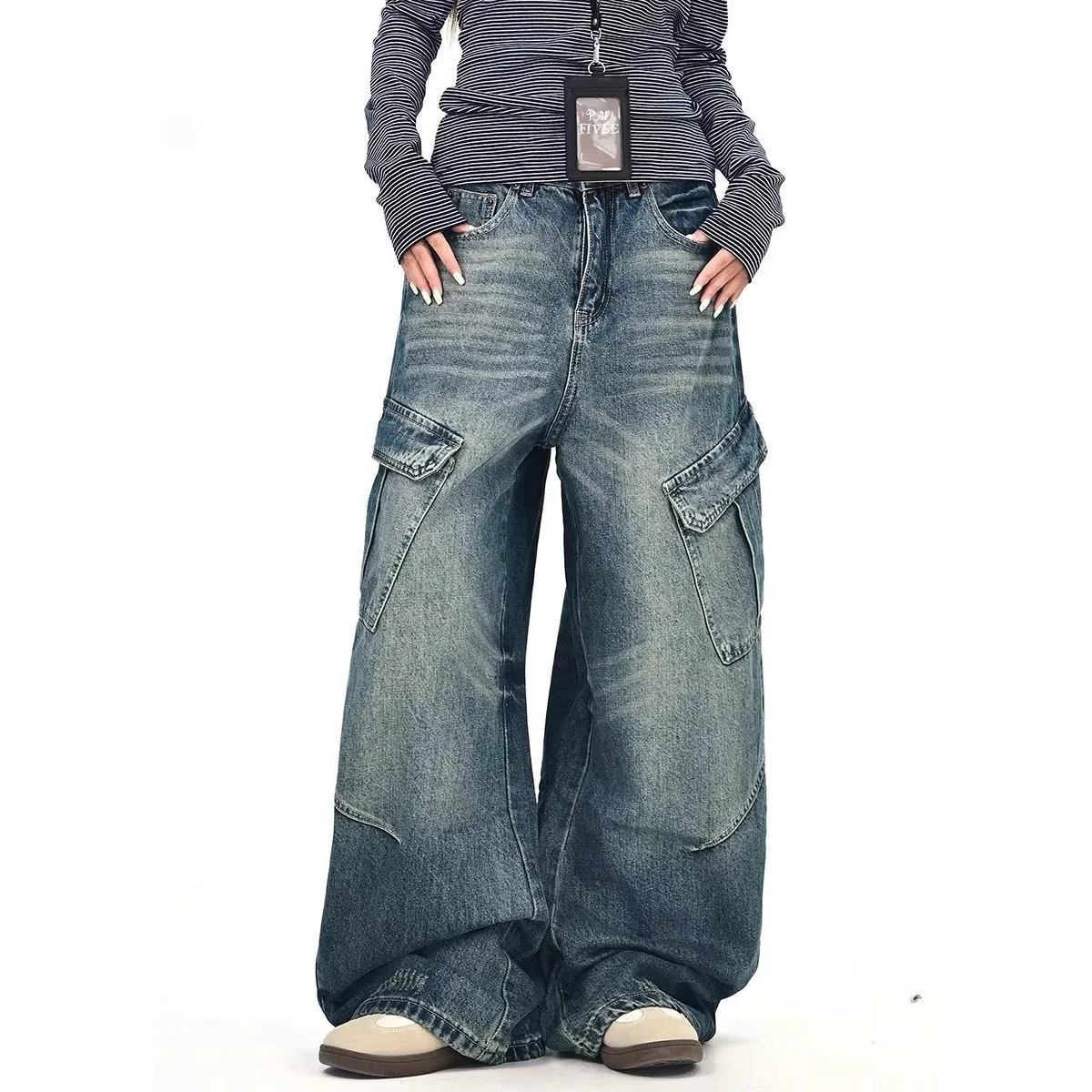 

Джинсы Bootcut синие женские в стиле вестерн с микро-трубой для фитнеса, японские женские потертые карманы с передними пуговицами, свободные складные детали в полоску GF