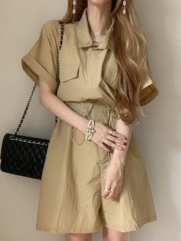 

Korean Sle Casual Workwear Pants Women's Dstring Waist Wide Leg Collared Jumpsuit Summer Design Sense Commute