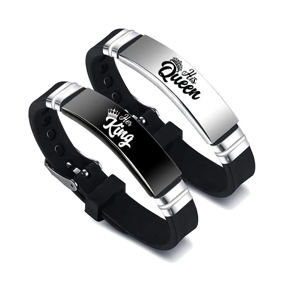 2Pcs/Set His Queen Her King Couple Bracelet Stainless Steel Adjustable Silicone Strap Bangle Valentine\'s Day Custom Jewelry Gift