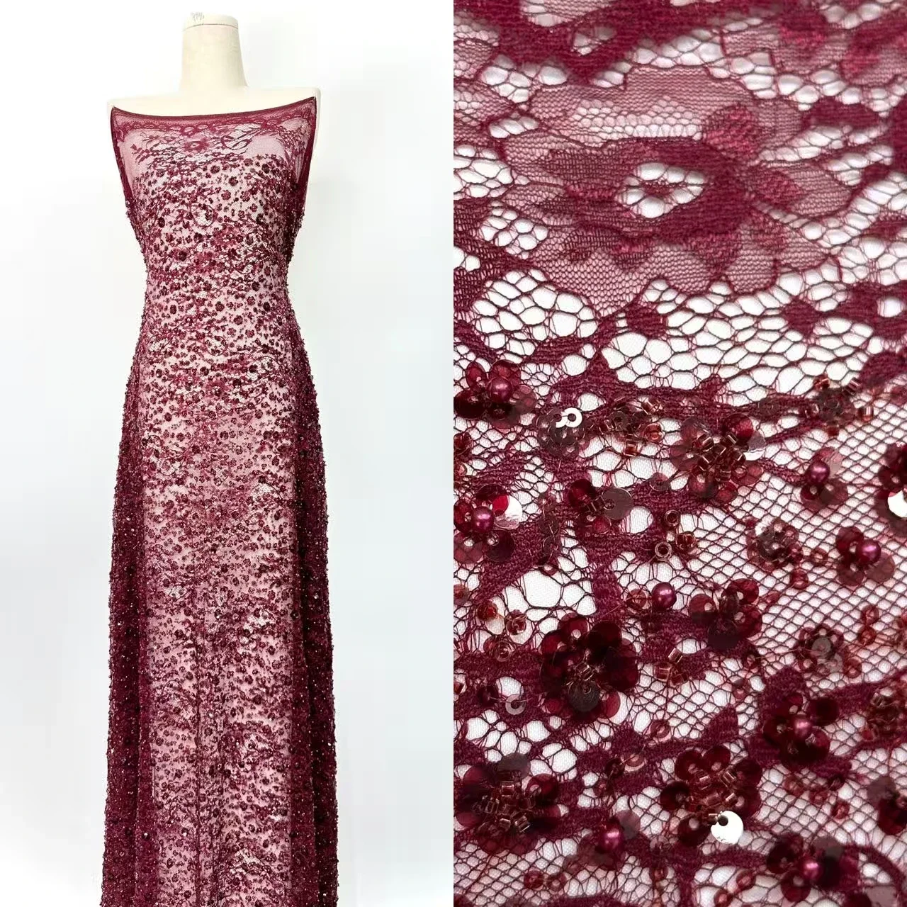 الأفريقي الأحمر شانتيلي تول أقمشة الدانتيل الفرنسية الترتر الخرز شبكة نسيج الدانتيل النيجيري للمرأة ملابس السهرة فستان CC1734