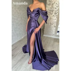 Amanda Purple Off Shoulder vestidos de noche Satin Floor-Length Prom Dresses Elegant Sleeveless Side Split Formal Evening 2024