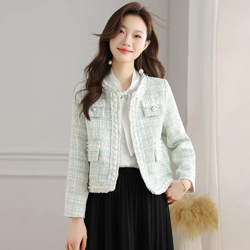 

Ladies High-End ort Quilted Jaet 2024 Autumn New Sle Commute Sle Slim Fit Long Sve round Ne Pure Color Polyureth...