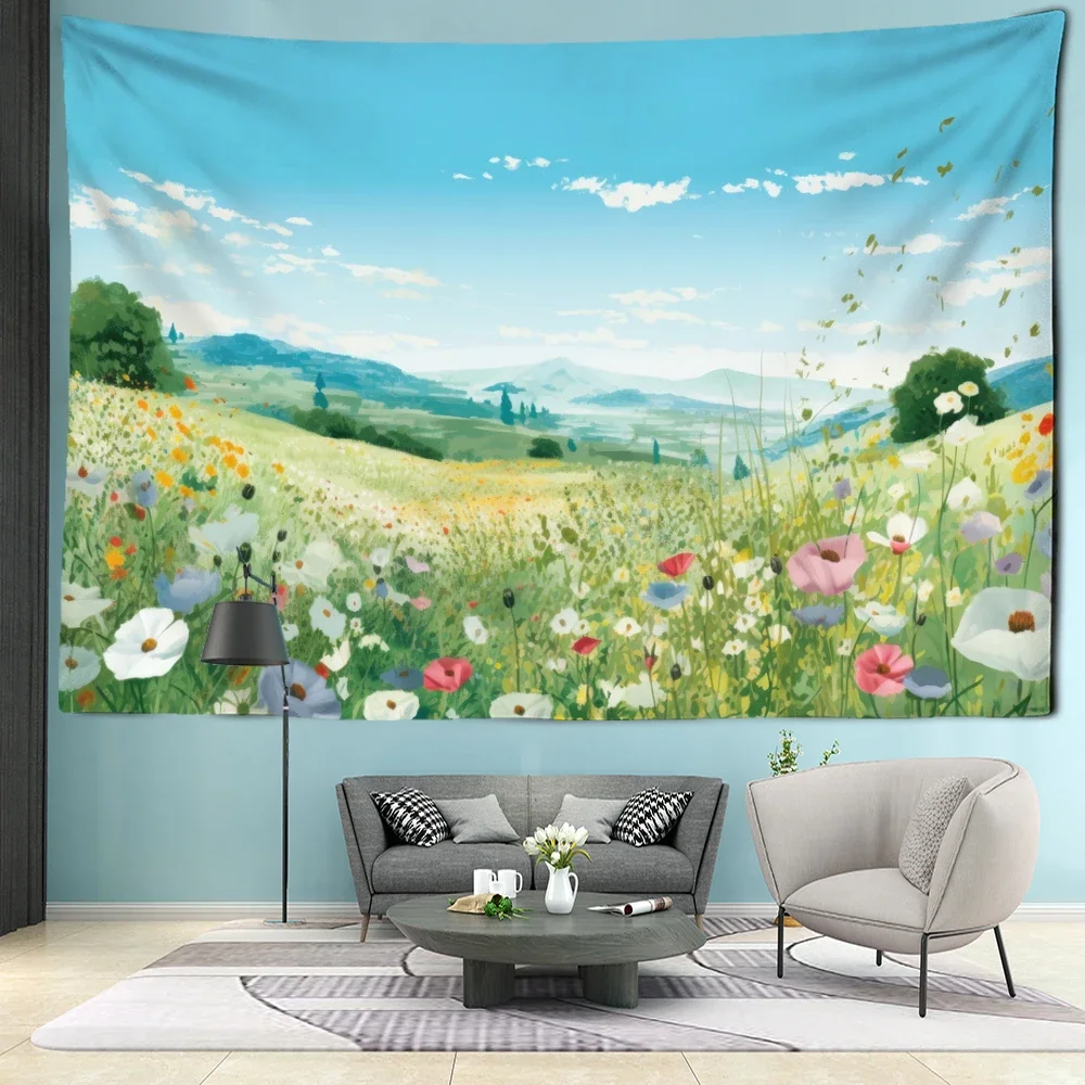Blue Sky Grassland Flower Blossoms Tapestry Wall Hanging Simple Art Landscape Bohemian Dormitory Bedroom Home Decor