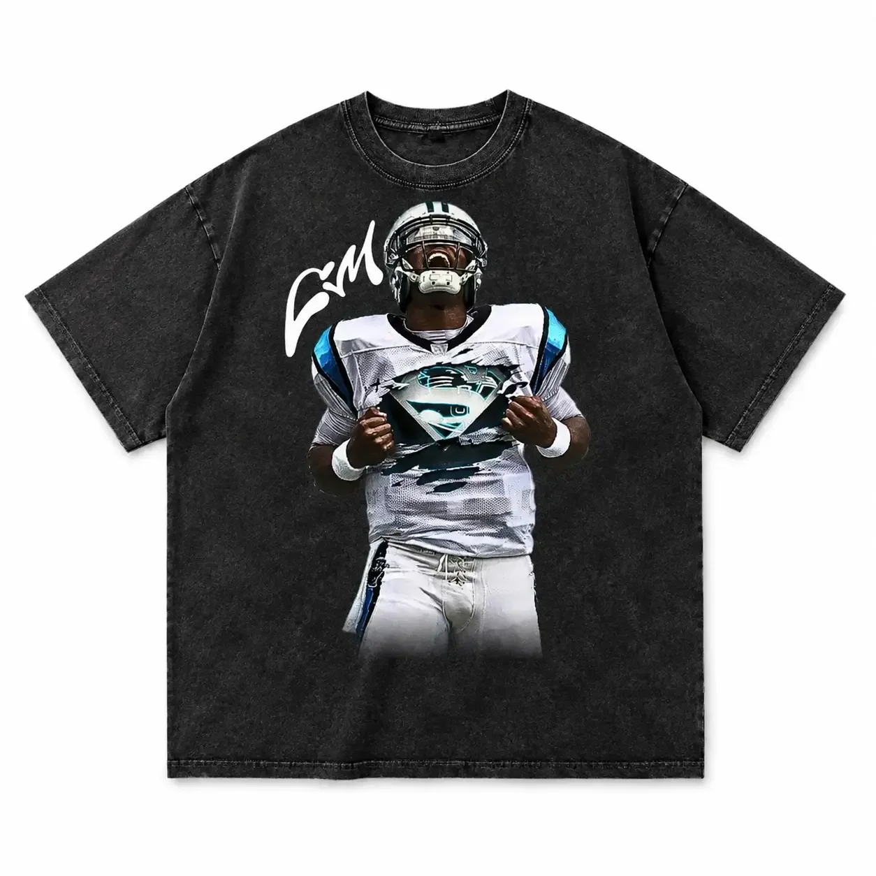 Football Player Rip Jersey Super Symbol Portrait Signature Printed Tee, Vintage Washed Black Short Sleeve T-Shirt, Gift For Men Women Football Fans