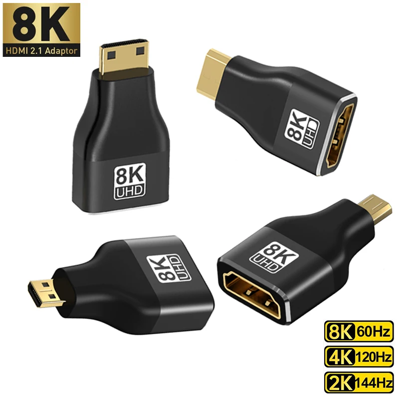 8K HDMI-Compatible Adapter Mini/Micro HDMI To HDMI Adapter 8K 60Hz 4K 120Hz/144Hz 90 270 Degree Angle Male To Female Converter