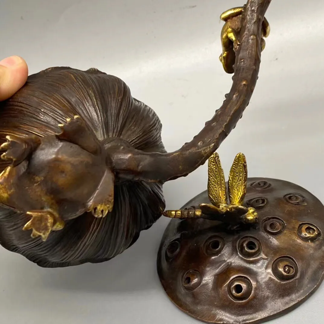 Chinese Hand-Carved Copper Lotus Seedpod Dragonfly Frog Incense Burner Nice Art Work