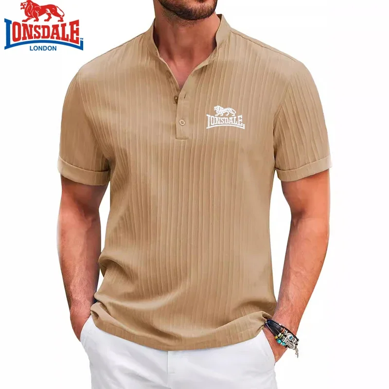 Embroidered LONSDALE Cotton Linen Striped Henry Short Sleeved Polo Shirt for Men's New Summer Business Casual Breathable T-shirt