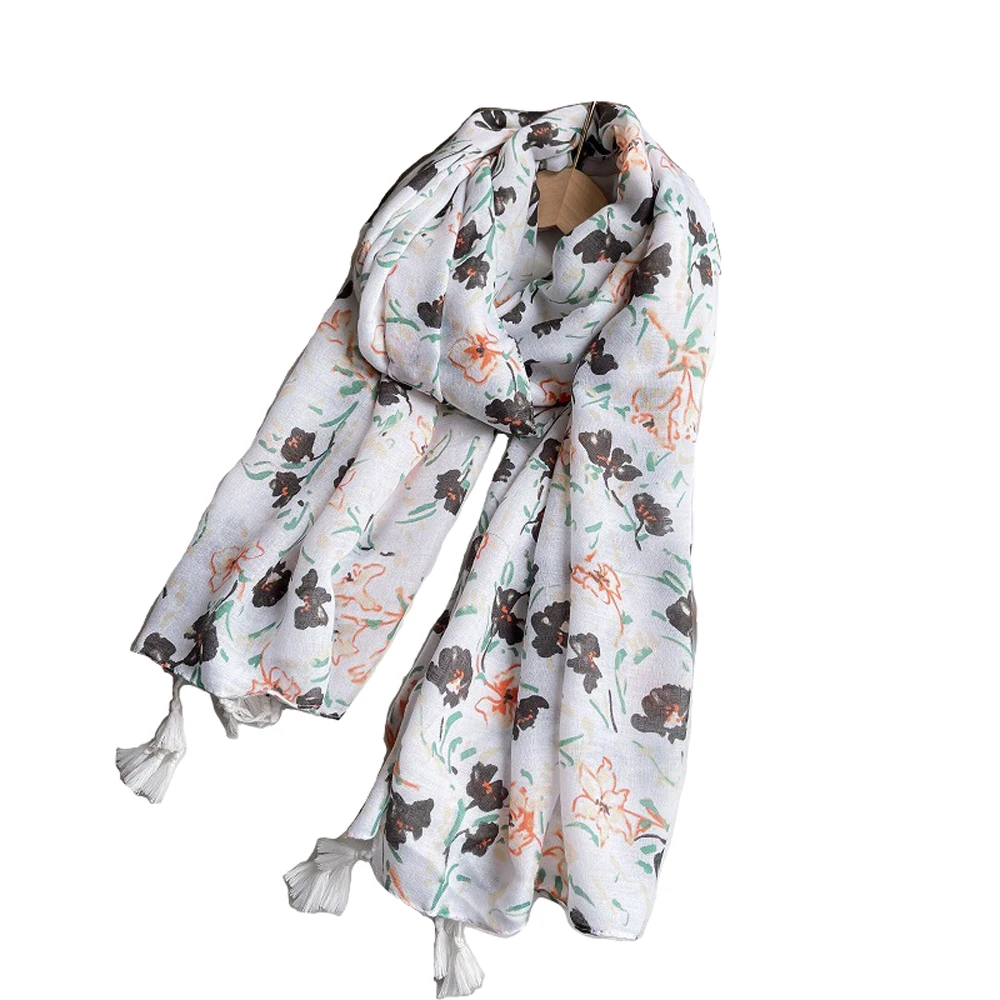 

2022 Fashion Cotton Ombre Flower Print Tassel Scarf Shawls Women Long Soft Beach Floral Hijab Wrap Scarves Free Shipping