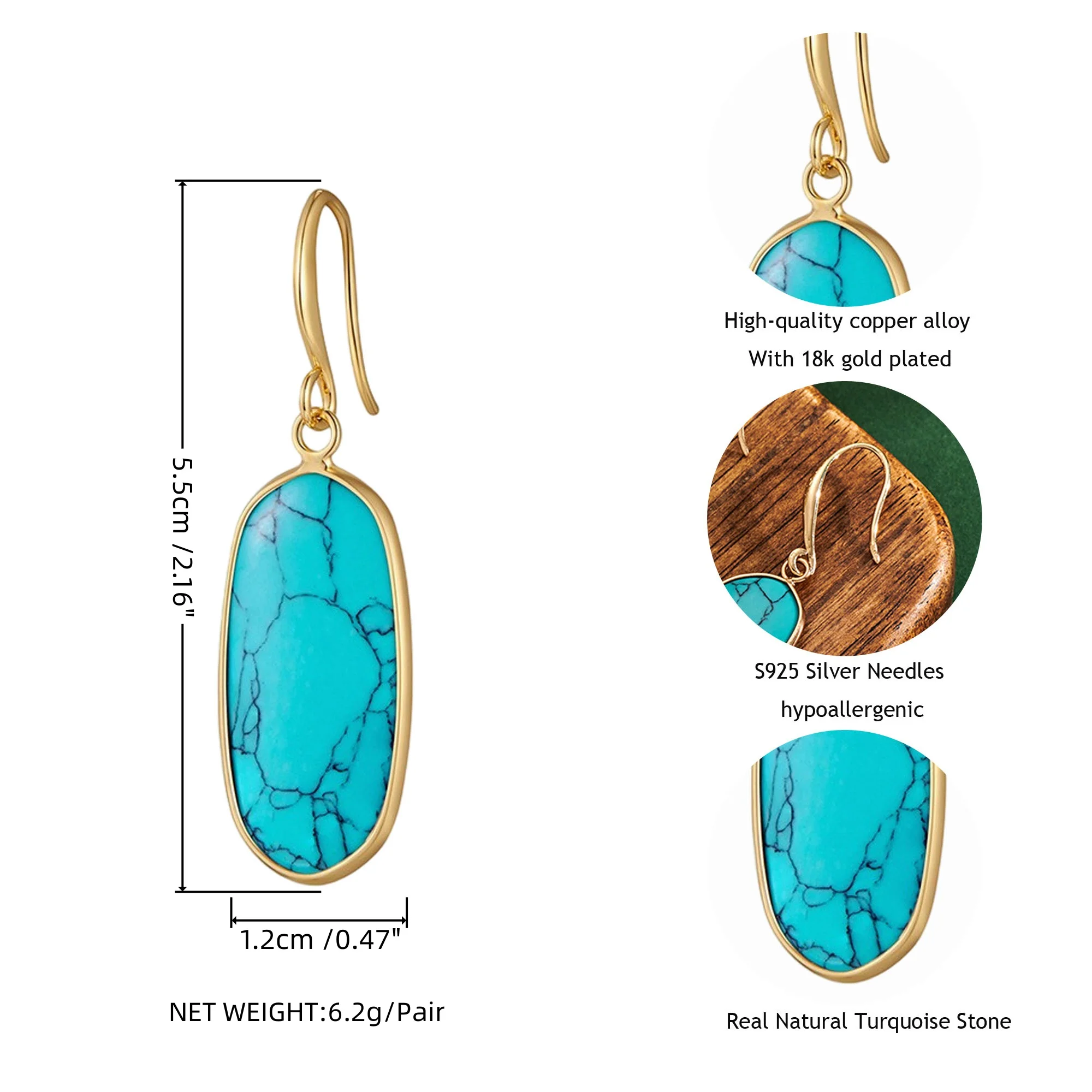 Real Turquoise Earrings for Women-14k Gold Plated Dangle Earring Genuine Natural Turquoise Stone Jewelry for Western Cowgirl