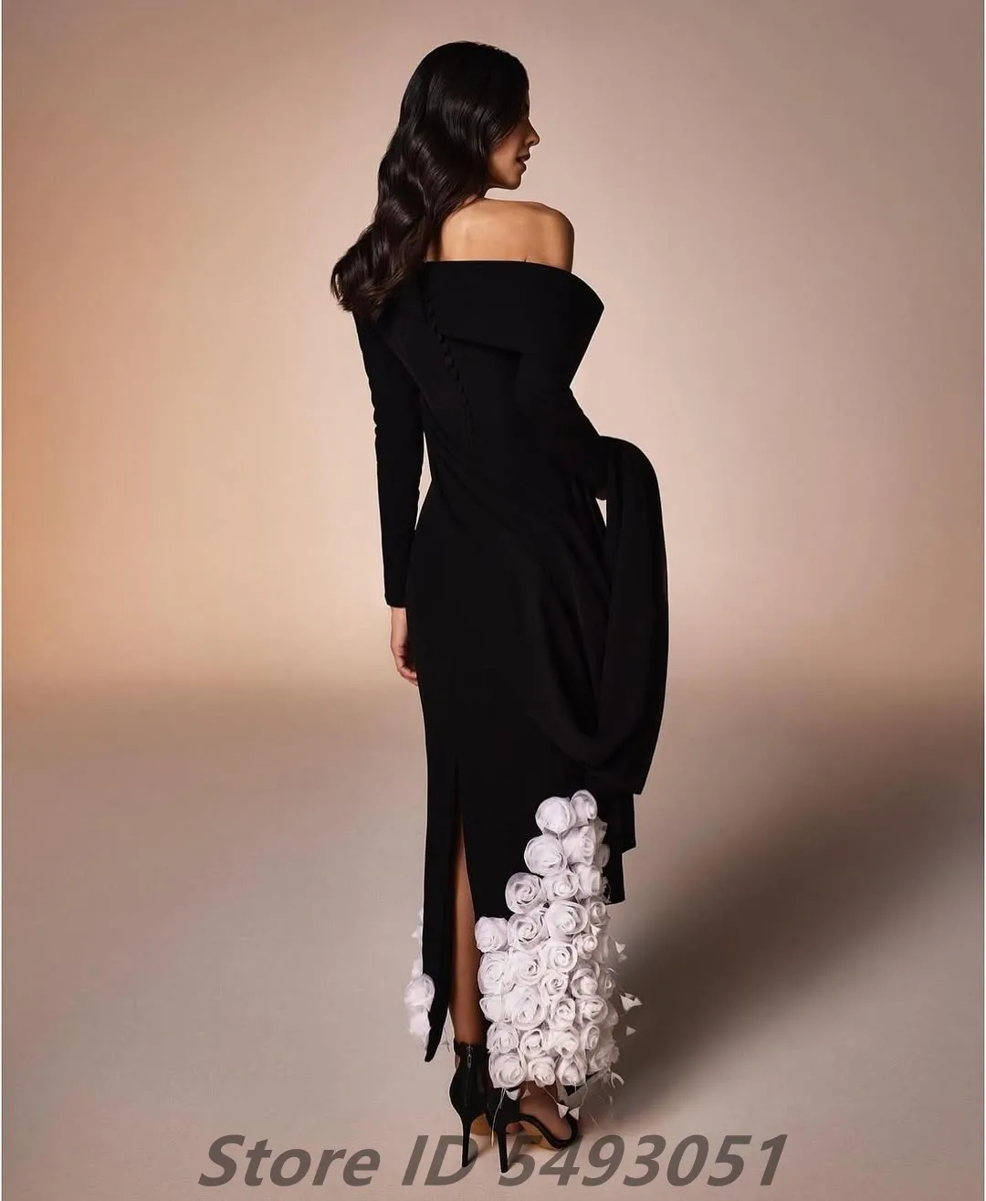 Sevintage 2025 Black And White Flowers Mermaid Off Shoulder Saudi Arabic Prom Gown Wedding Party Gown Vestidos Customized