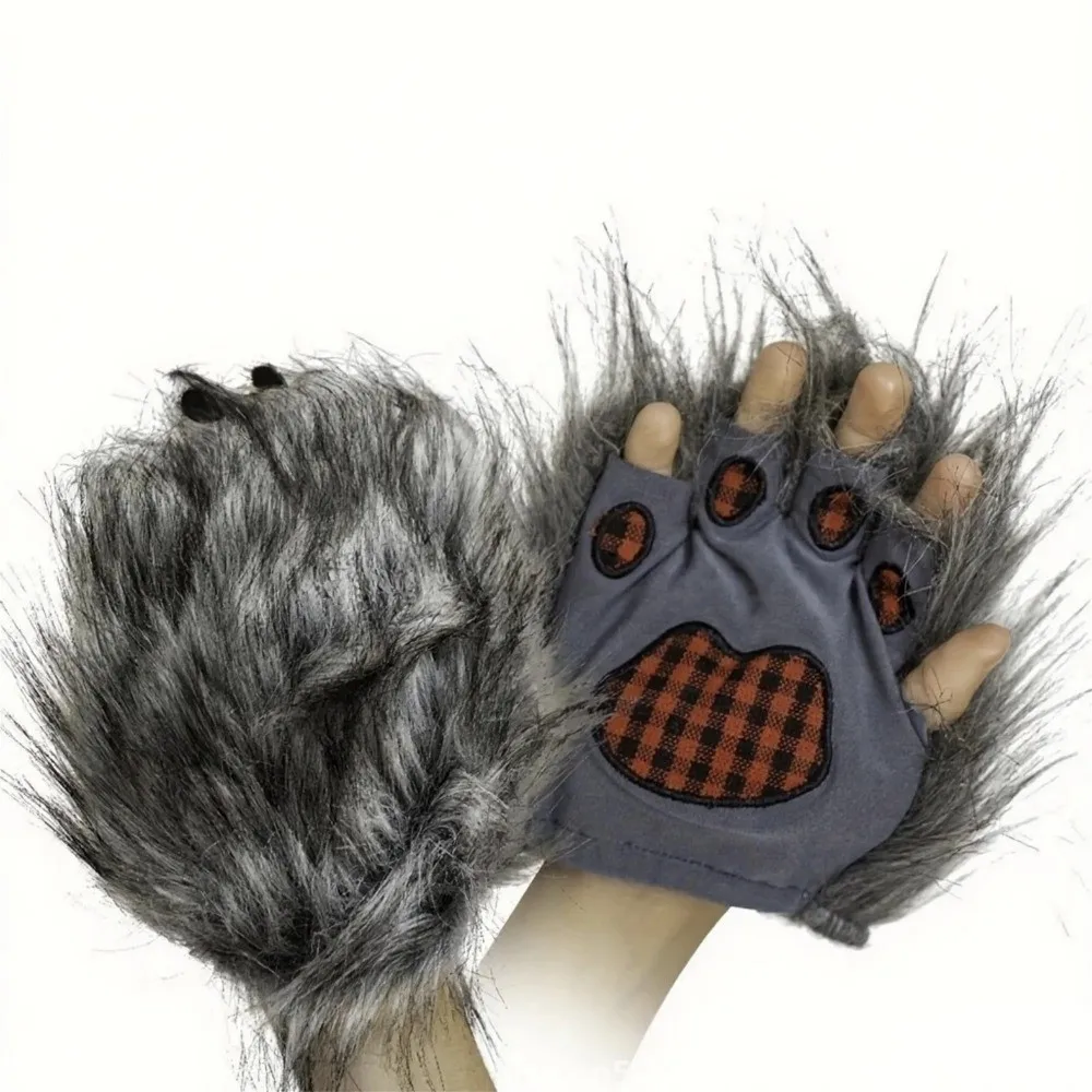 1 Pair Grey Wolf Gloves Soft Material Werewolf Paw Gloves Hairy Texture Wolf Claw Gloves