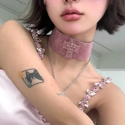 Y2K Pink Jewelry Leather Cross Choker Harajuku Kawaii Accessories Geometric Necklace Grunge Rock Necklaces Charm Punk