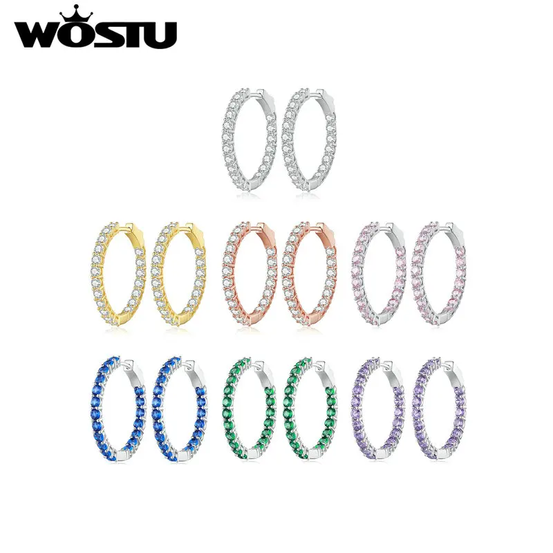 WOSTU Huge Circel Hoop Earrring For Women Multi Color Shiny Cubic Zircon Silver Color Wedding Engagement Jewelry Party Gift