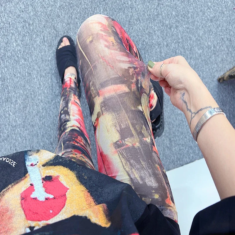 2025 Mesh Leggings Thin Women's Summer High Waist Elastic Chinese Style Printed Sunscreen Capris Yoga Tights  Anime Pants