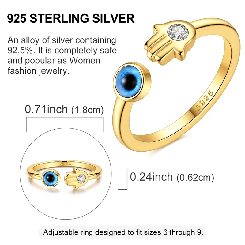 Gold Plated 925 Sterling Silver Evil Eye Adjustable Ring, Gift