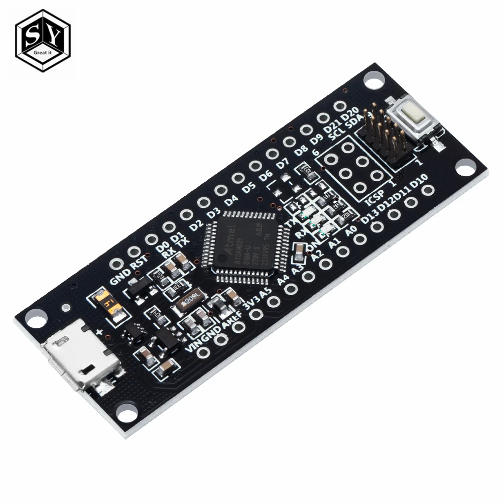 SAMD21 M0-Mini. 32-bit ARM Cortex M0 core. Pins UnSoldered. Compatible with Arduino Zero, Arduino M0. Form Mini.