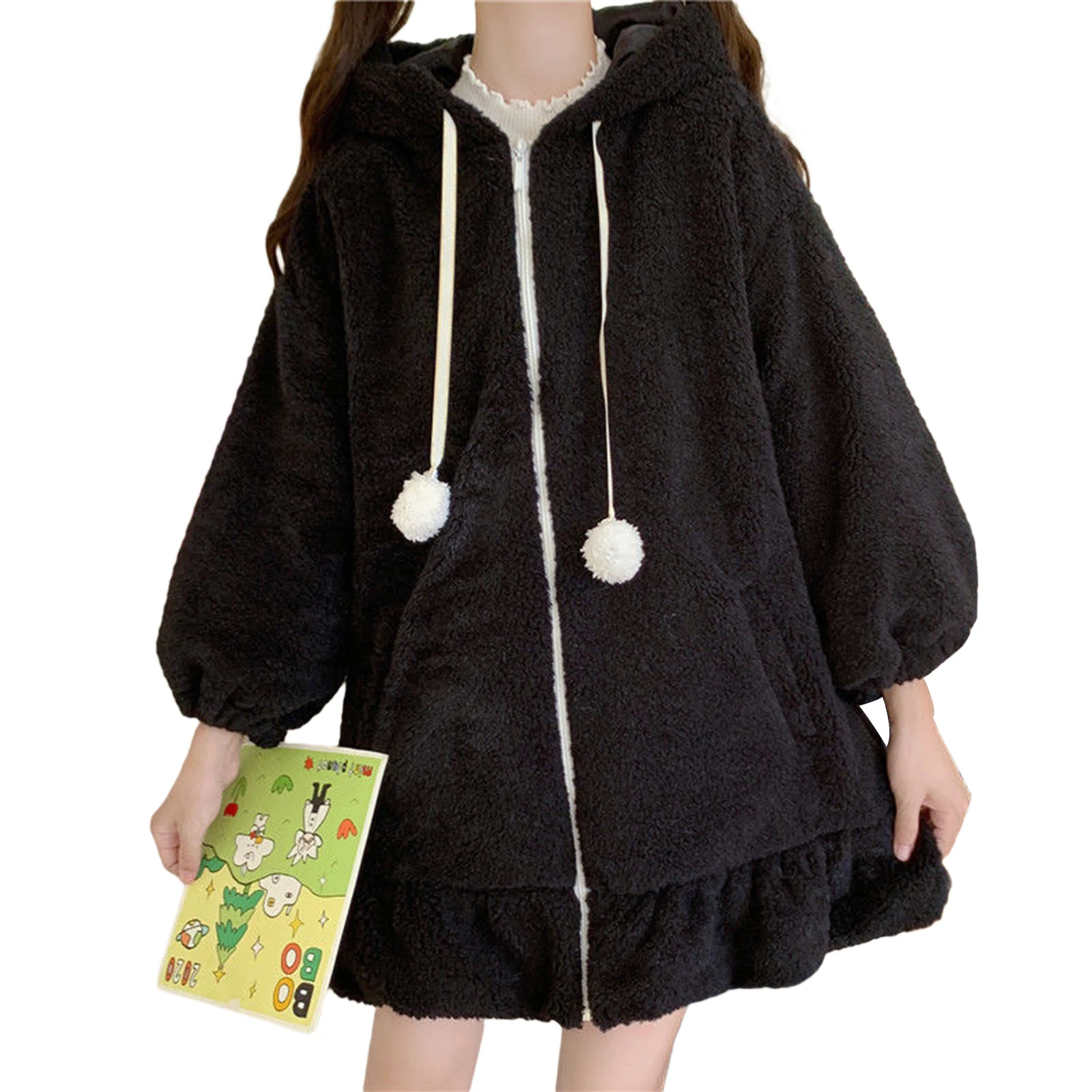 Women Cute Bunny Ear Hoodie Adults Fuzzy Fluffy Long Sleeve Sweatshirt with without Pom Poms