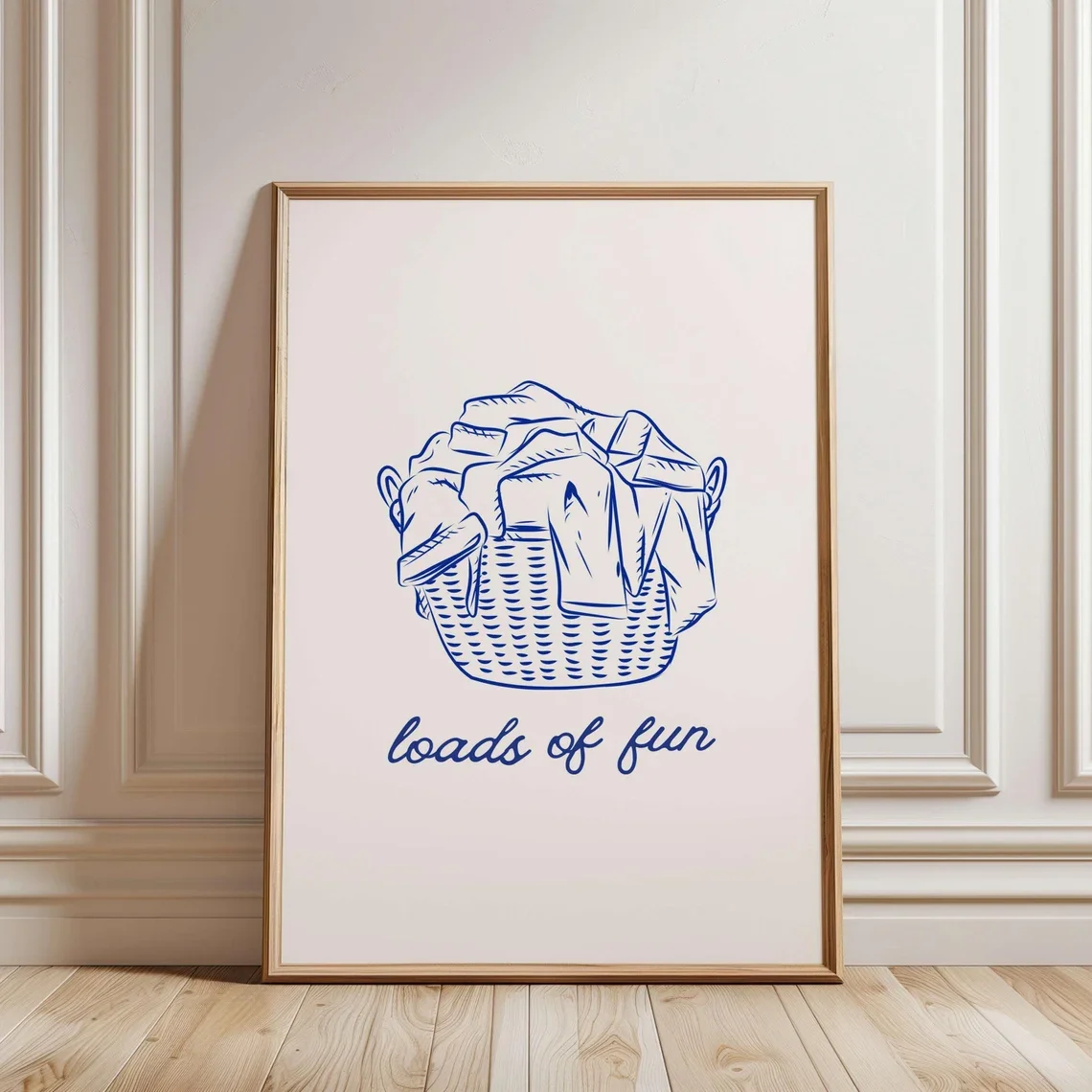 Cheerful Laundry Day Wall Art - Whimsical Line Drawing Print Celebrating the Humor of Household Chores. The delicate blue lin