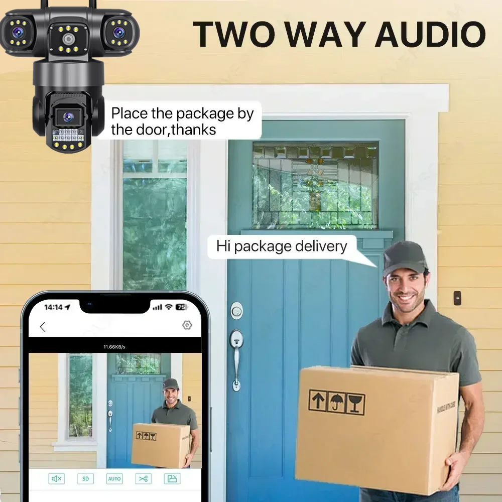 4G 12MP 6K IP CCTV Outdoor Waterproof Security Camera 3 Lens Night Vision Two-way Intercom Mobile Monitoring Alarm 360°PTZ