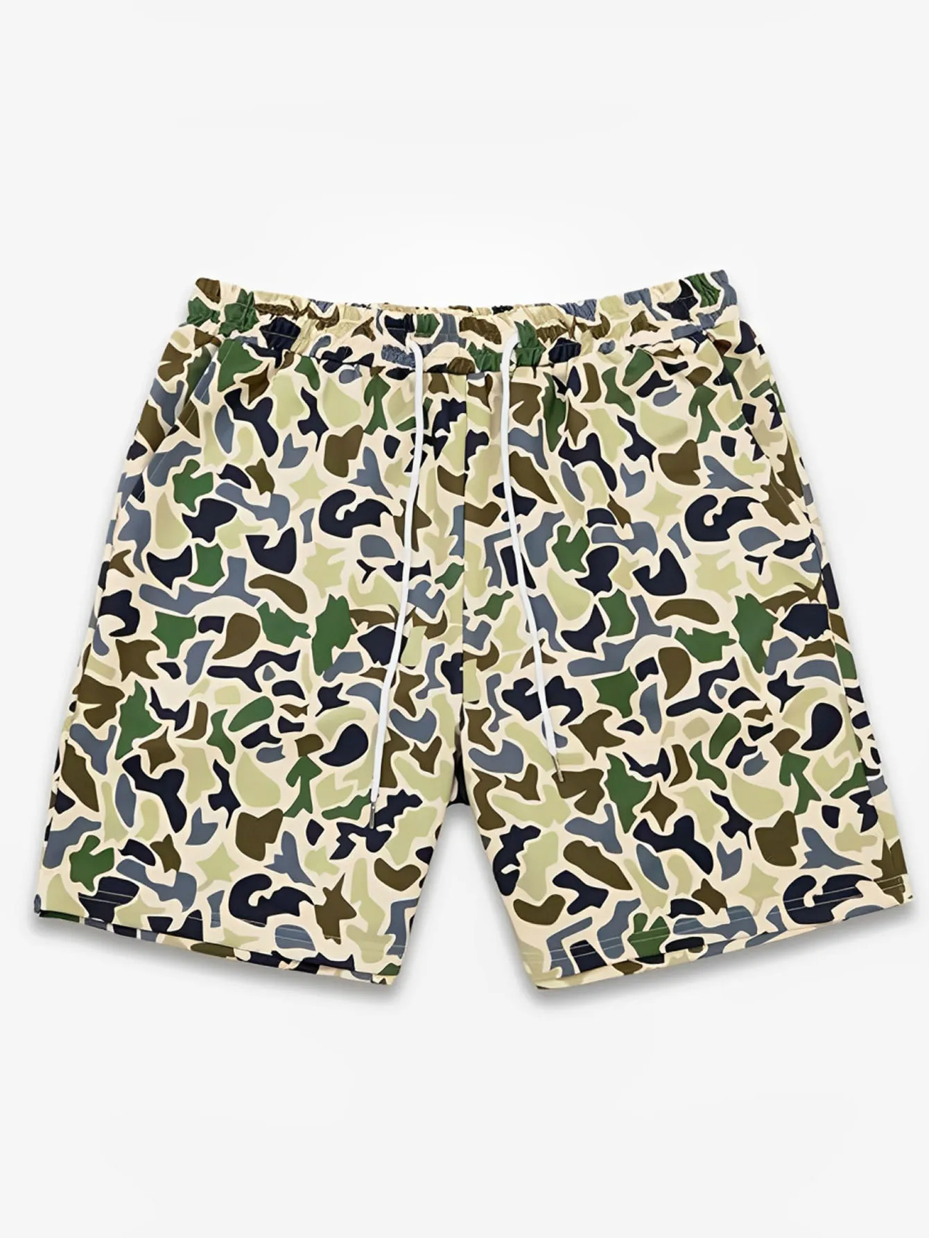 شورت رجالي بطبعة مموهة، شورت صيفي للشاطئ برباط، شورت رياضي مع جيوب