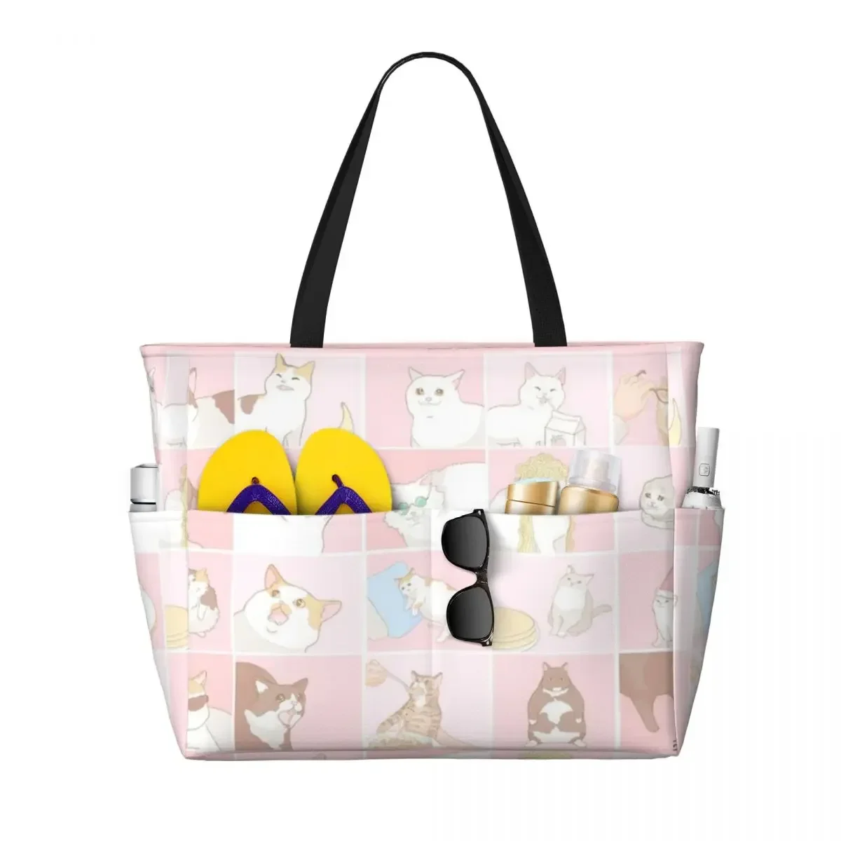 Meme Cats Beach Travel Bag, Tote Bag Retro Large Capacity Out Birthday Gift Multi-Style Pattern