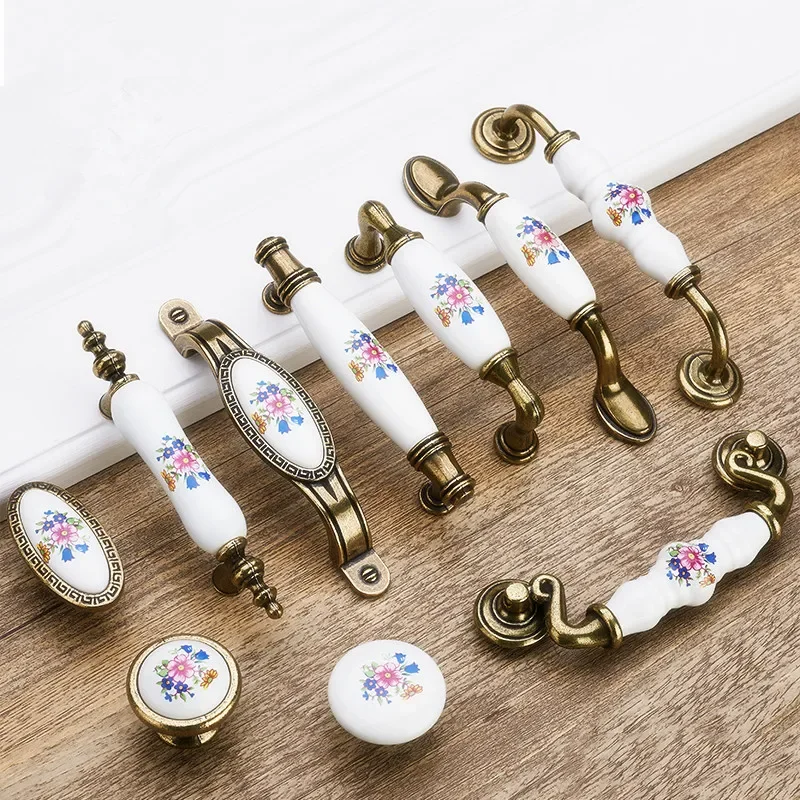 Antique Bronze Ceramic Cabinet Handles Zinc Alloy Drawer Knobs Wardrobe Door Handles Morning Glory European Furniture Handle