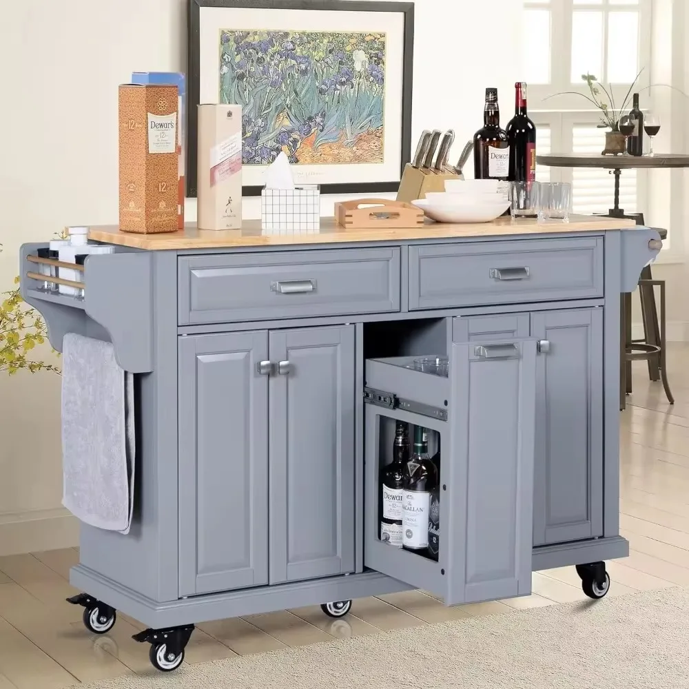 

Rolling Kitchen Island on Wheels Utility Cart with Spice and Towel Racks and Rubber Wood Countertop, Storage Drawers, Door