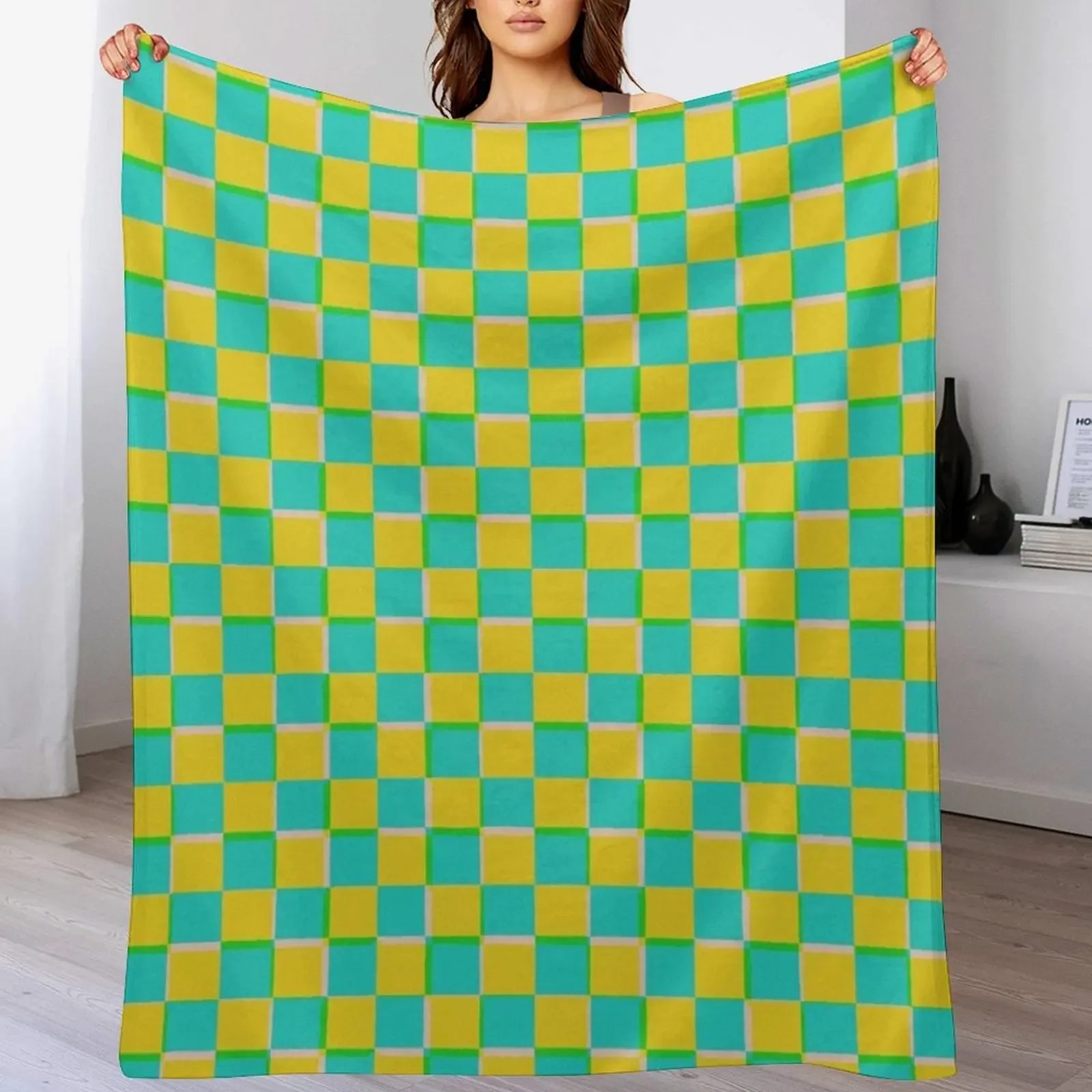 

Turquoise and Yellow Checkerboard Pattern Throw Blanket Vintage Furry warm for winter decorative Blankets